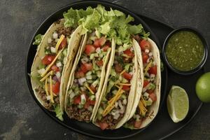 servicio tacos con salsa y Lima en un negro plato gastos generales foto