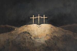 Three Crosses Painting on Hilltop Under a Dark Sky Background photo