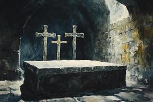 Three Crosses on a Stone Altar in a Dark, Historic Crypt photo