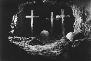 Three Crosses and Stones Inside Dark Cave in Monochrome Image photo