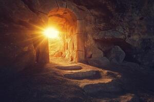 Exploring Ancient Stone Archway with Sunlight Illuminating the Mysterious Path photo