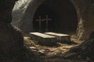 Ancient Stone Tombs with Crosses in a Dark Mysterious Cave photo