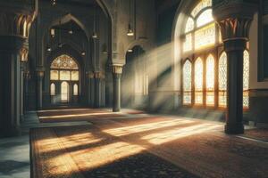 Sunlight Streaming Into Grand Mosque Interior with Islamic Architecture photo