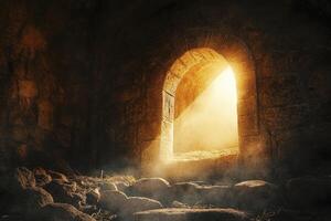 Light Shining Through Stone Archway in Dark Room with Hay photo