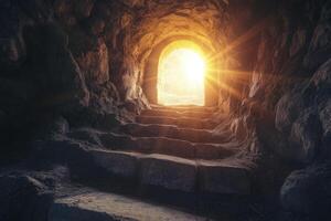 Stone Steps Leading to Bright Light From Dark Cave Opening photo