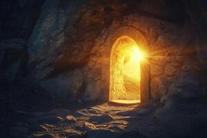 Cave Archway Lit with Sunlight Shining Through Stone Passage photo
