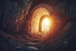 Exploring Cave Tunnel Leading to Bright Light with Stone Path photo
