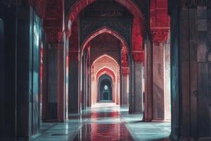Exploring Ornate Arches and Columns Inside an Islamic Building Hallway photo