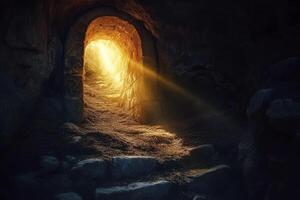 Exploring Stone Archway with Glowing Light Illuminating Path in Dark Cave photo