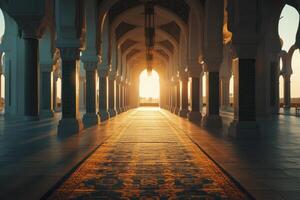 Elegant Mosque Architecture Hallway with Golden Light and Carpet Design photo