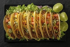 Serving of Delicious Tacos with Ground Beef and Fresh Lime Wedges photo