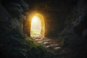 Exploring Stone Archway Revealing a Bright Outdoors in a Mystical Cave photo