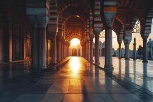 Sunlight Streaming Through Mosque Arches with Columns and Reflection photo