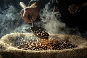 Scooping Freshly Roasted Coffee Beans Into Burlap Bag with Smoke photo