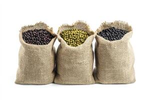 Three Bags of Assorted Beans in Burlap Sacks Isolated on White photo