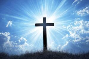 Cross Silhouette on Hill with Sky and Light Burst Illustration photo