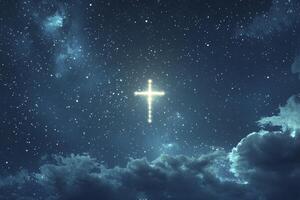 Glowing Cross in Night Sky with Stars and Clouds Background photo