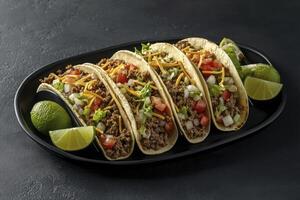 Delicious Beef Tacos with Lime on Dark Plate Ready to Eat photo