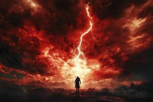 Person Standing Under Lightning Strike with Dramatic Sky and Stormy Clouds photo