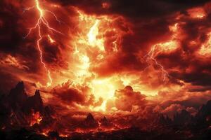 Lightning Storm Over Fiery Landscape with Dark Red Clouds and Mountains photo