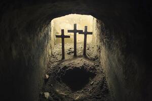 Three Crosses Stand at Tomb Entrance Symbolizing Faith Hope and Salvation photo