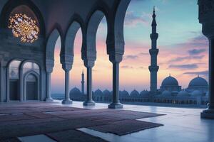 Mosque Architecture with Arches and Towers at Dusk Peaceful Religious Scene photo