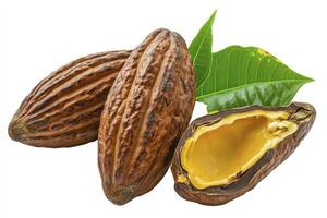 Cocoa Pods with Green Leaves and Open Bean on White photo