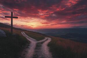 Cross and Forked Path at Sunset Symbolizing Choice and Spiritual Journey photo