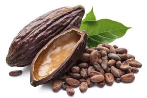 Cocoa Pod and Beans Composition with Green Leaves on White Background photo
