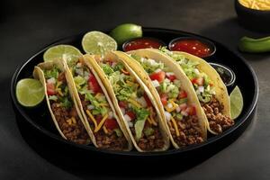 Delicious Tacos on Tray with Toppings and Lime for Mexican Cuisine photo
