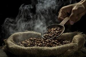 Scooping Steaming Roasted Coffee Beans From Burlap Sack with Wooden Spoon photo