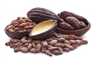Cocoa Beans and Pods Arrangement on White Background for Food Photography photo