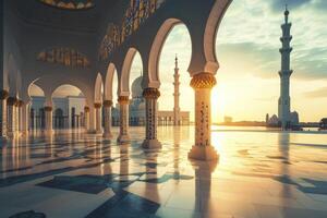 Exploring Grand Mosque Architecture at Sunset with Marble Reflections photo