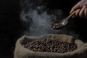Serving Hot Coffee Beans with Spoon Over Burlap Sack photo