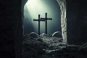 Eerie Tomb Interior with Crosses and Light Rays for Religious Symbolism photo