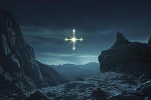 Glowing Star Over a Mountainous Landscape at Night Creating a Fantasy Vibe photo