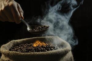 Roasted Coffee Beans in Burlap Bag with Smoke and Hand photo