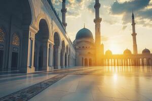 Majestic Mosque Architecture at Sunset with Golden Light Reflections photo