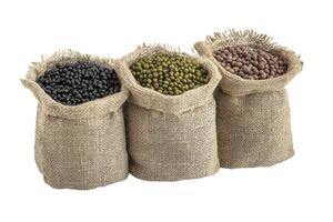 Assorted Beans in Burlap Bags on a White Background Close-up photo