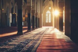 Sunlight Streaming Through Ornate Windows in a Mosque Interior photo