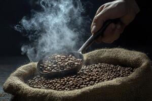 Steaming Coffee Beans in Burlap Sack with Metal Spoon Held by Hand photo