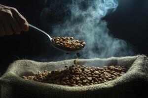 Pouring Steaming Coffee Beans From Spoon Into Burlap Sack, Fresh Aroma photo