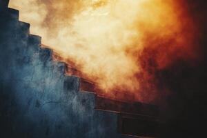 Stone Stairway Leading Upward Through Mist with Dramatic Lighting Effect photo