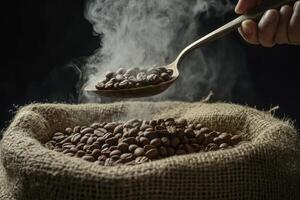 Steaming Coffee Beans Poured From Spoon Into Burlap Sack photo