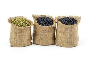 Beans and Lentils in Burlap Sacks Still Life on White Backdrop photo