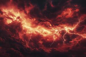 Striking Lightning Storm with Red Sky Clouds Nature Power Concept photo