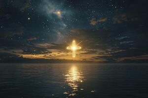 Glowing Cross Silhouette Over Water at Sunset Against Starry Sky photo