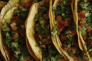 Delicious Tacos with Meat, Salsa and Cilantro Close Up View photo
