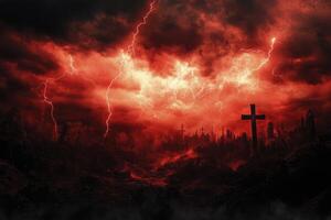 Stormy Graveyard Scene with Lightning Strikes and Dark Red Cloudy Sky photo