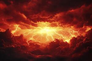 Striking Lightning Storm Over Dark Red Sky with Intense Energy Display photo
